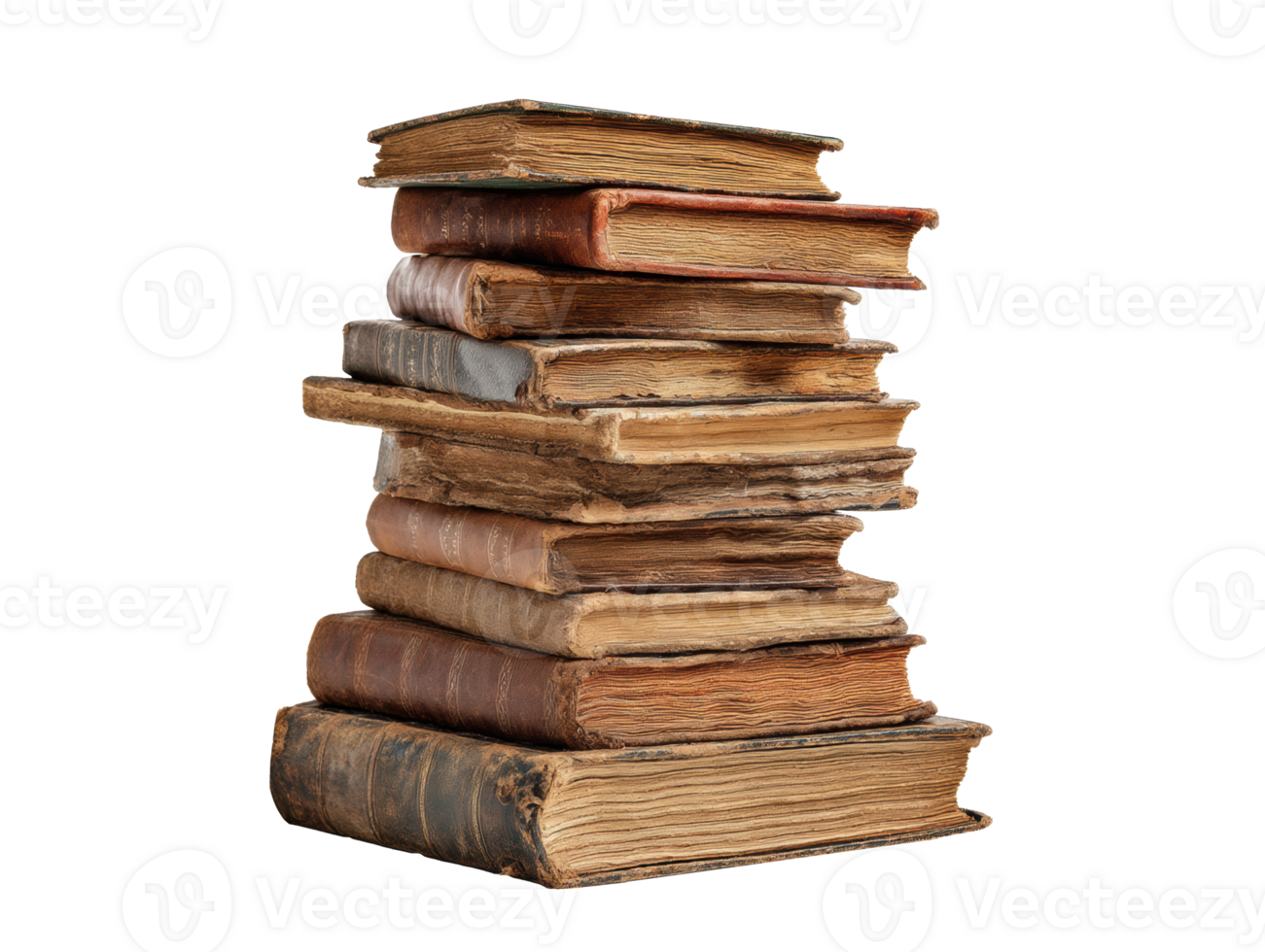 Stacked vintage books displaying weathered covers and aged pages png