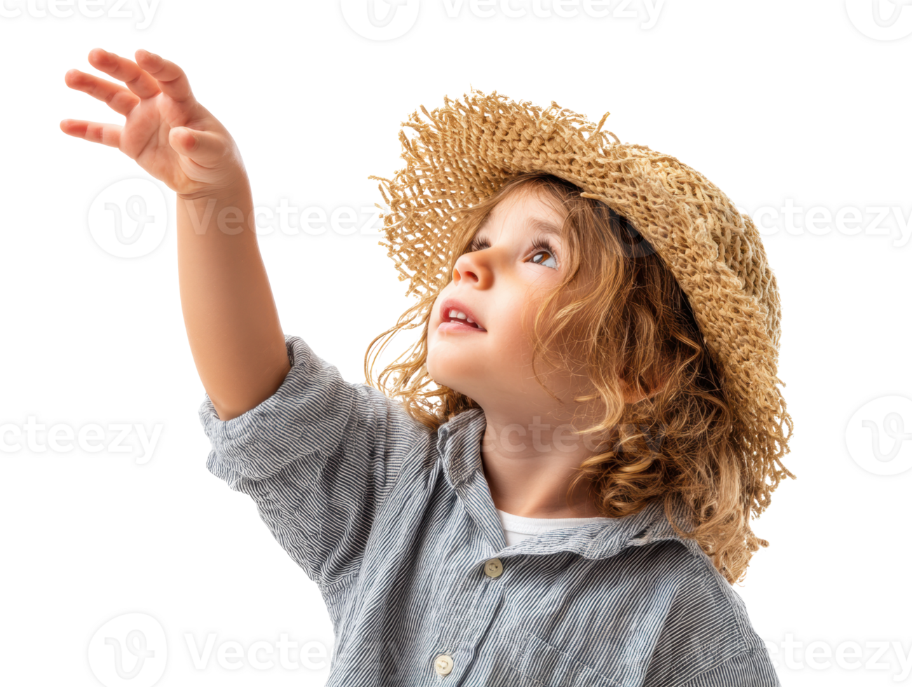 Curious child reaching for the sky in summer hat png