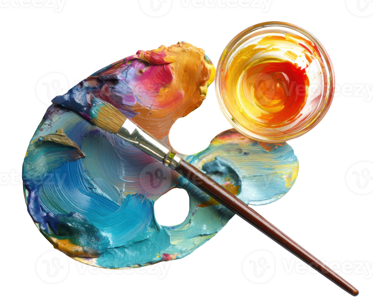 Colorful paint palette with brush and mixing bowl for artists png