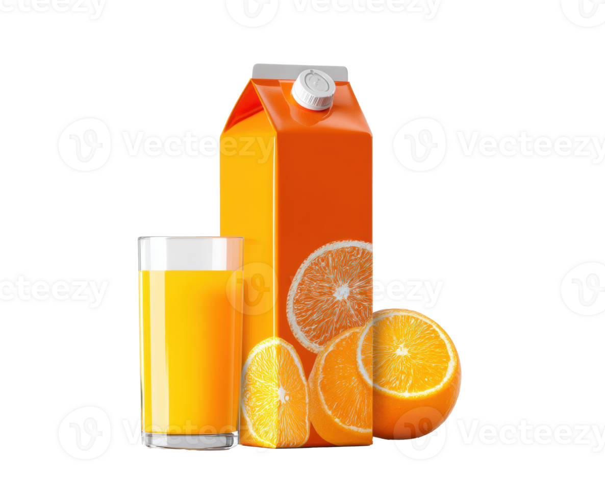 Fresh orange juice and carton with whole and sliced oranges png