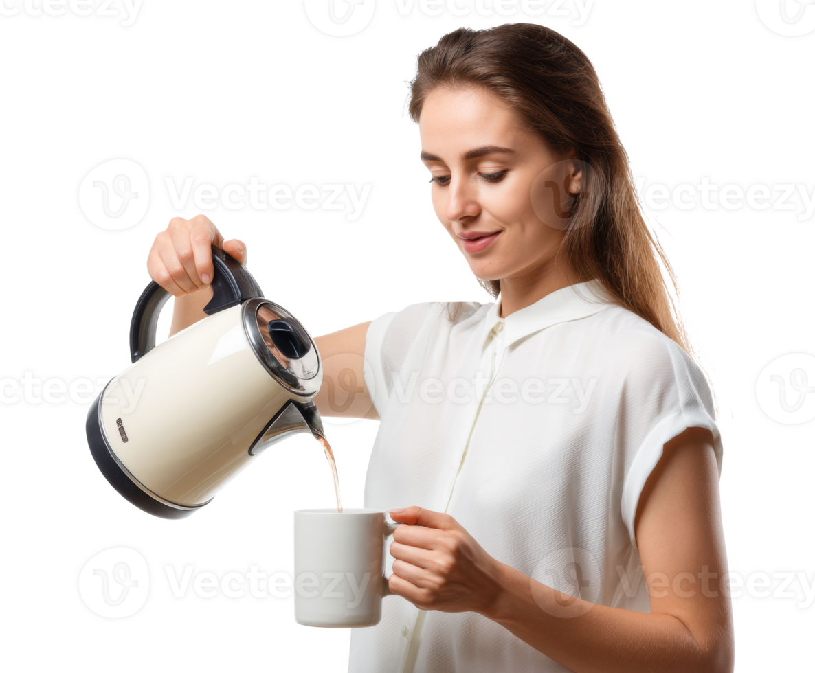 Pouring hot beverage into a mug in a bright kitchen png
