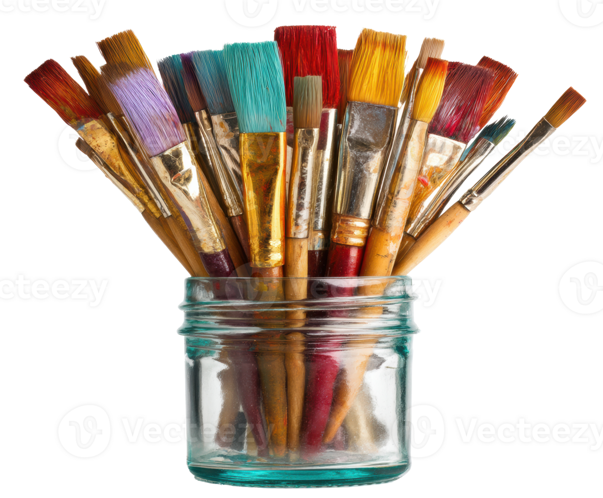 Colorful artist brushes in glass jar for creative projects png
