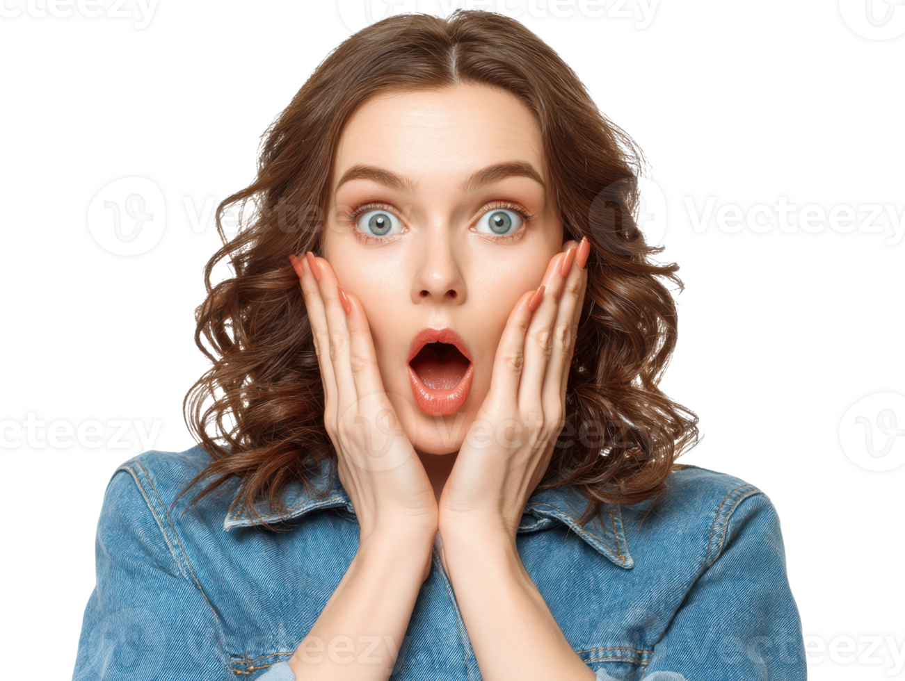 Surprised woman expressing astonishment in casual denim attire png
