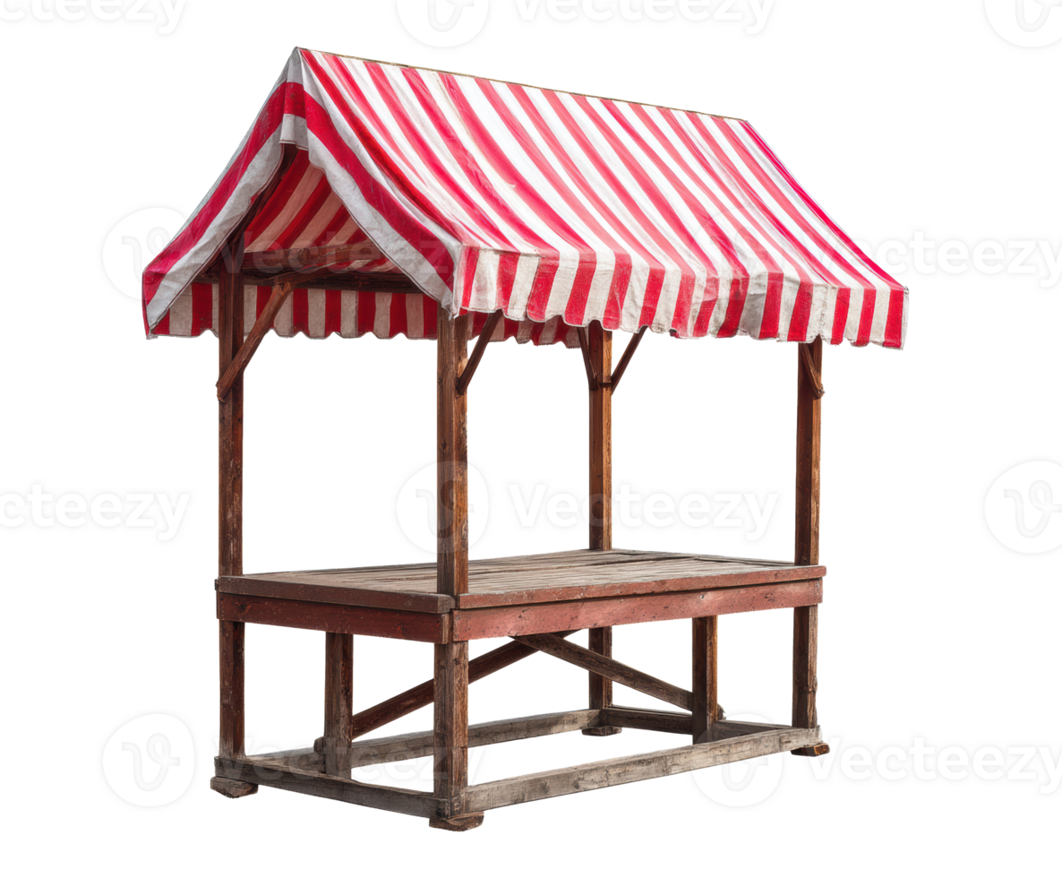 Vintage market stall with red and white striped canopy design png