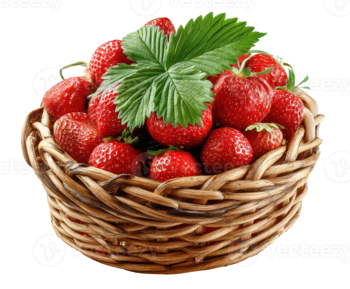 Fresh strawberries in a rustic wicker basket for culinary use png