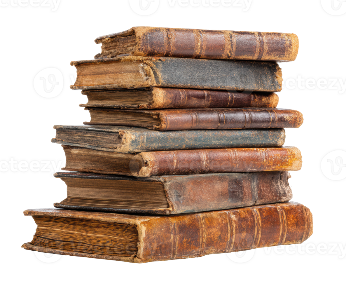 Antique leather-bound books stacked on a wooden surface png
