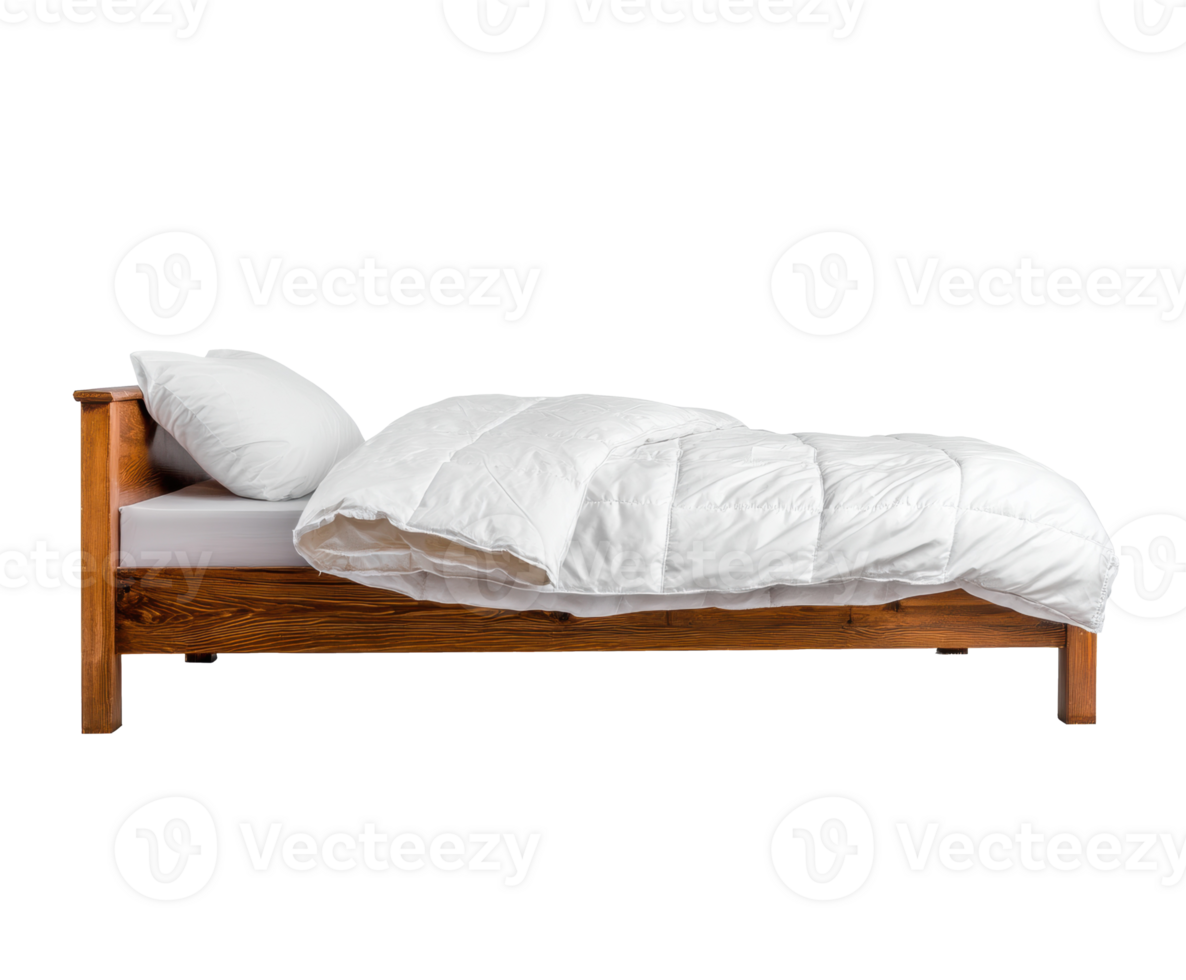 Cozy bed with white comforter and pillows for a restful sleep png