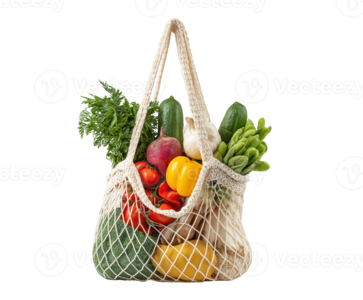 Eco-friendly bag filled with fresh vegetables and herbs png