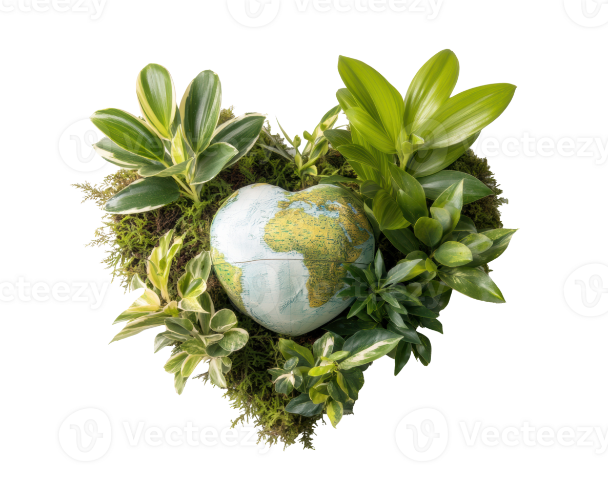 Green heart shape with globe surrounded by vibrant plants png