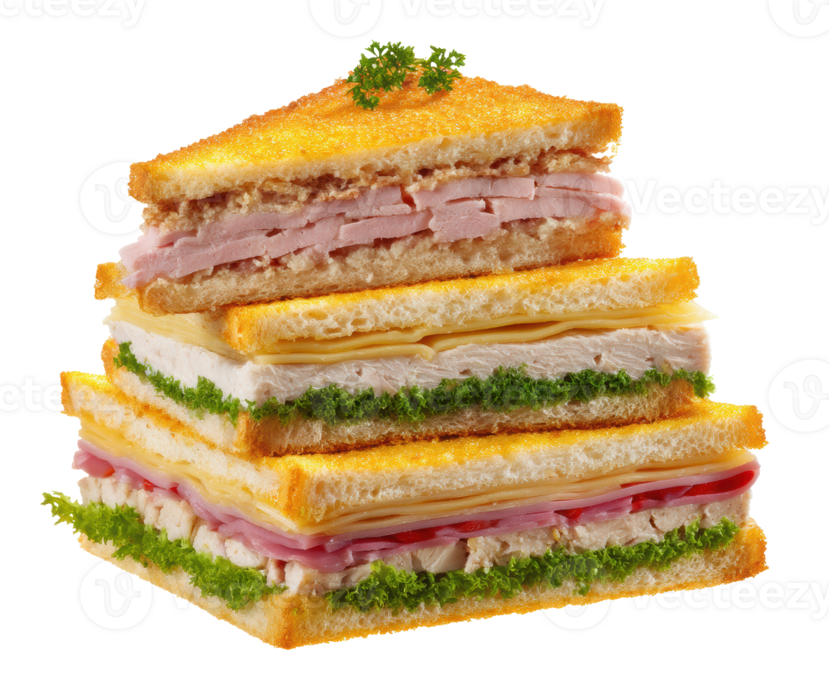 Delicious sandwich stack with layers of meats and greens png