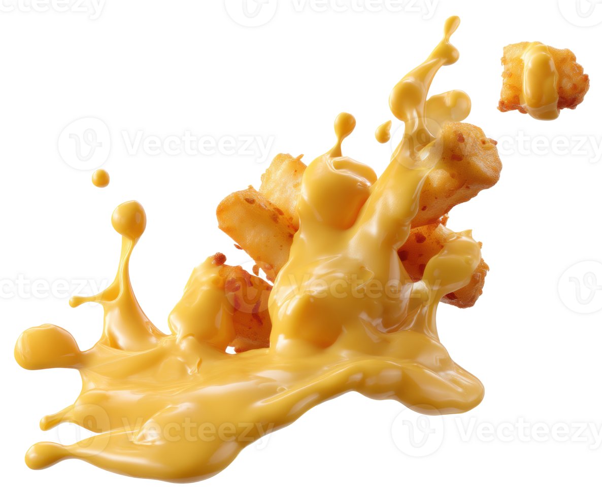 Creamy cheese sauce splashing on crispy fried bites png