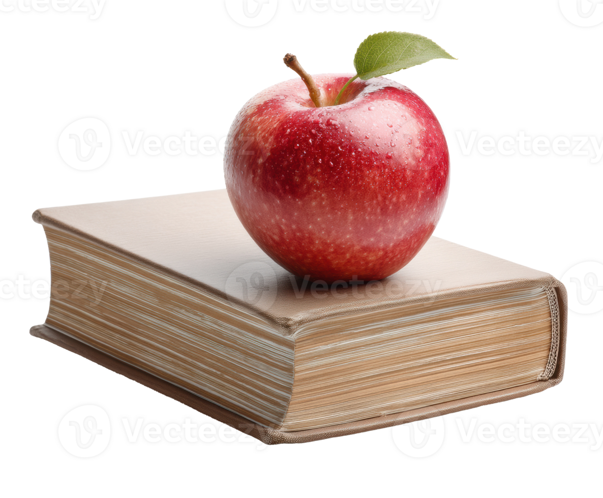 Fresh apple resting on a vintage book for educational theme png