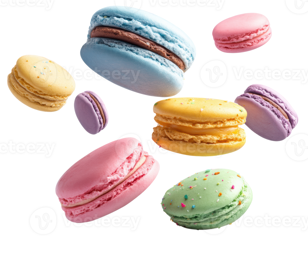 Colorful macarons flying in the air for dessert celebration png