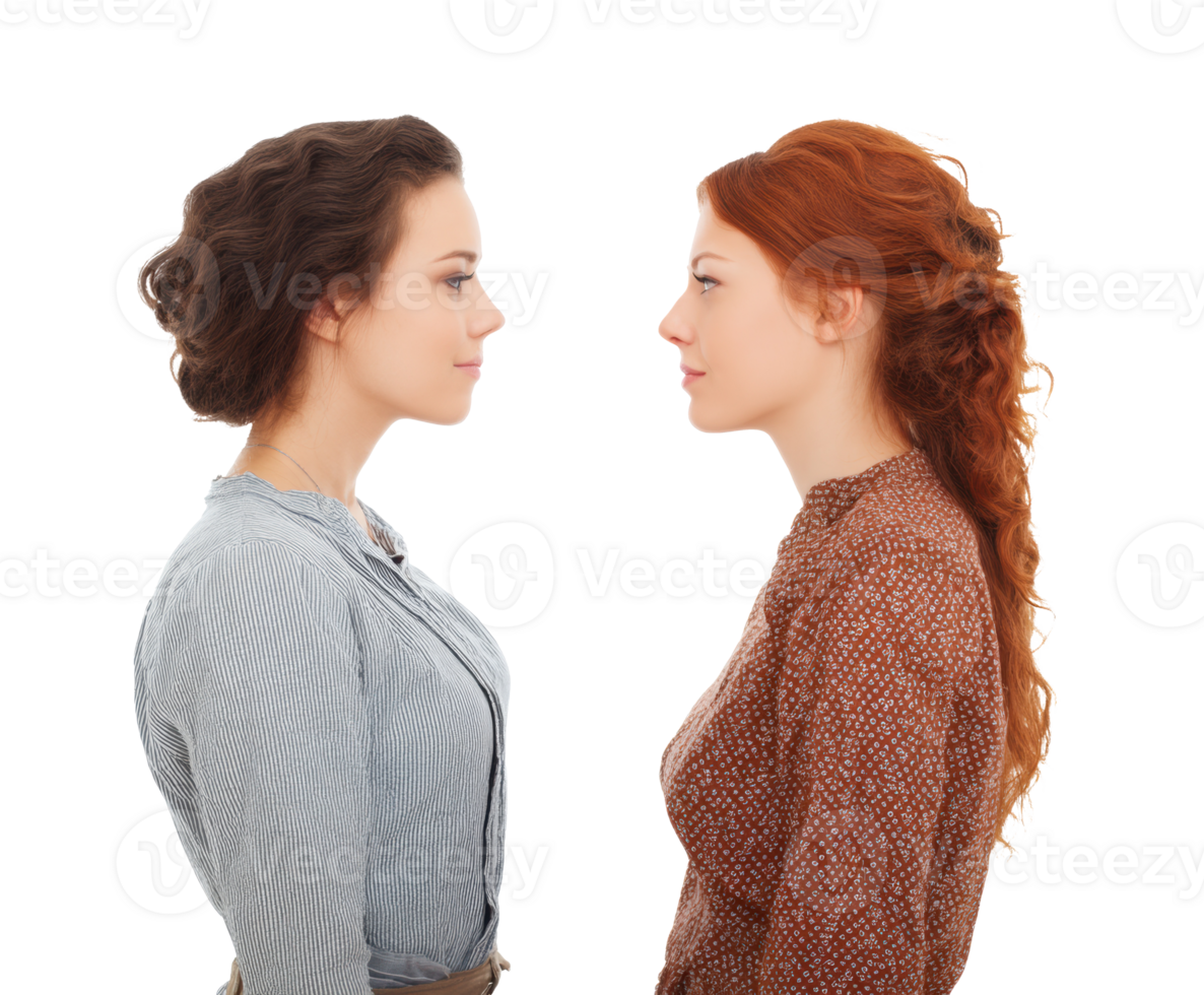 Two women facing each other showcasing friendship and connection png