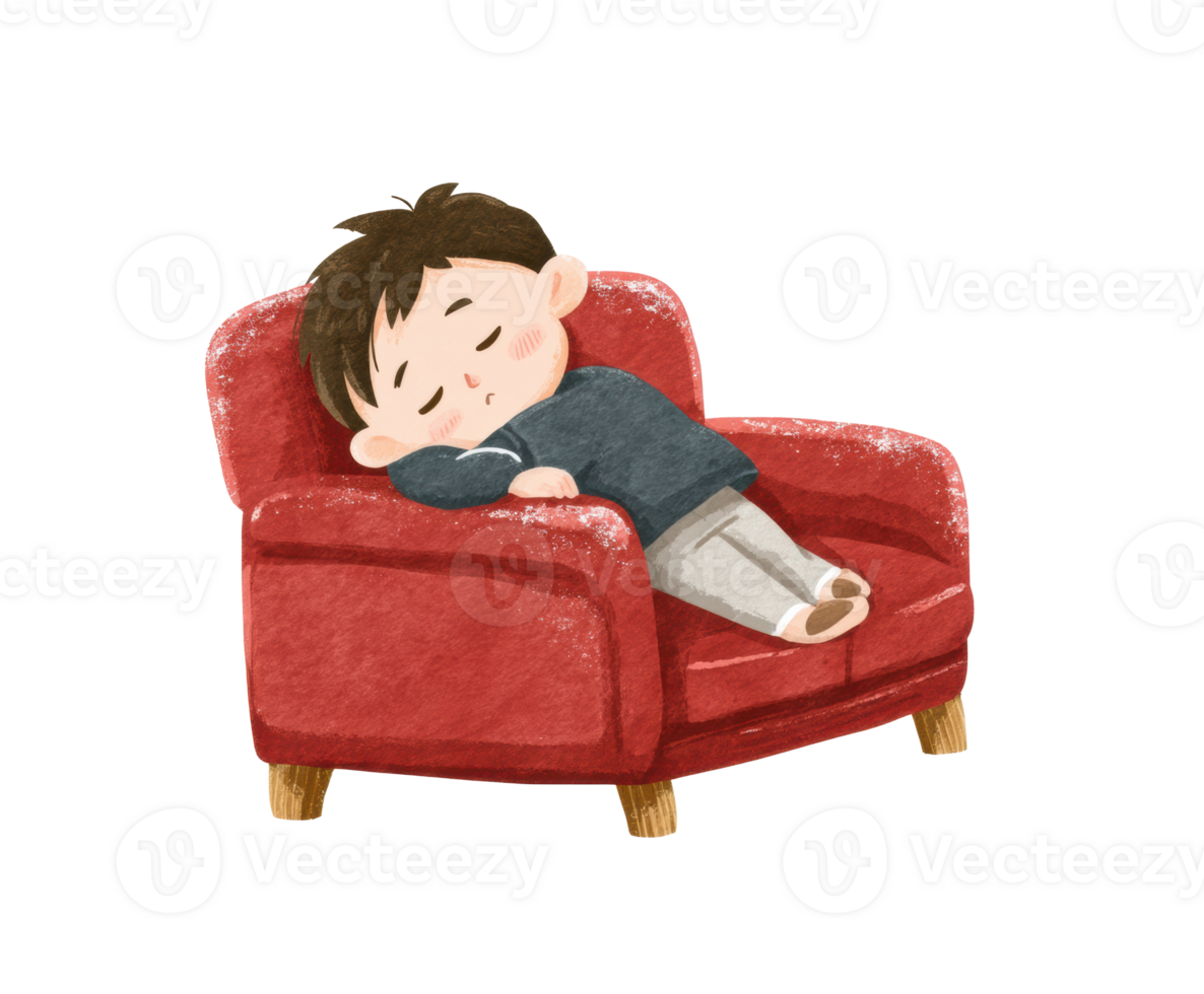 Cozy child napping on a red armchair during afternoon rest png