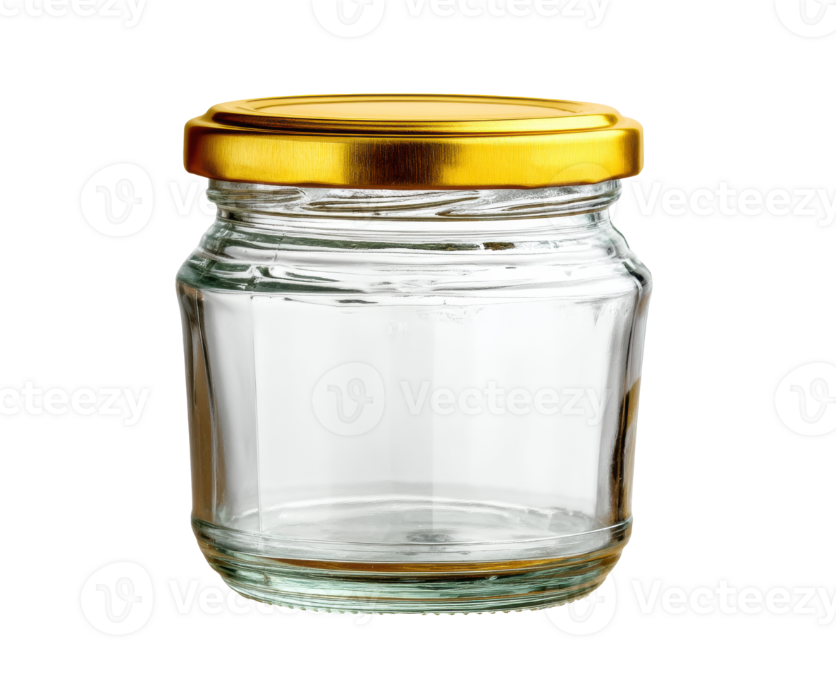 Empty glass jar with golden lid for storage or decoration png