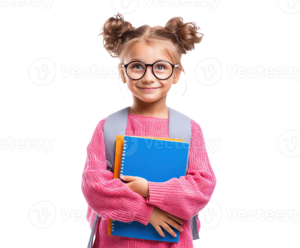 Girl with backpack smiles while holding notebook in cozy sweater png