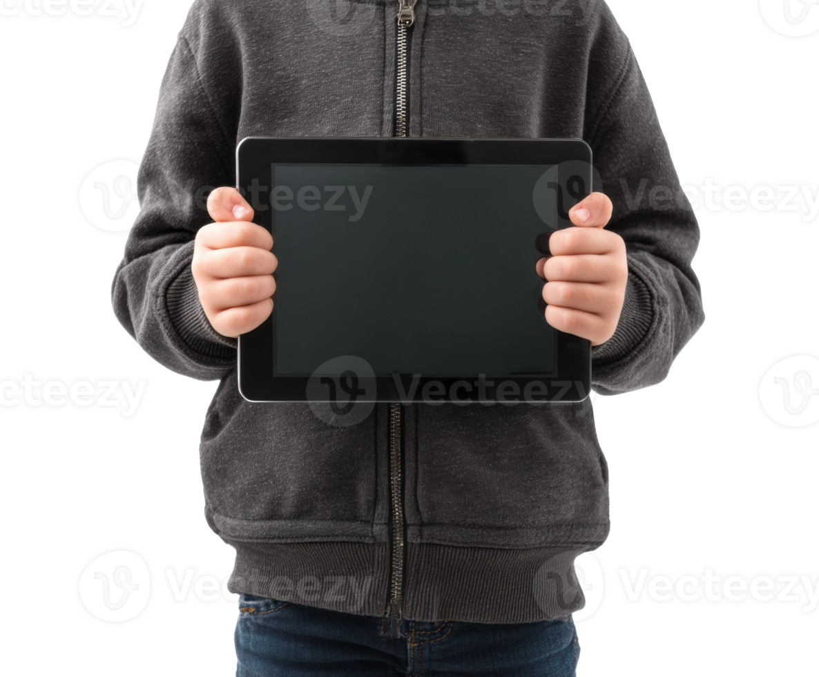 Child holding tablet for digital learning and entertainment png