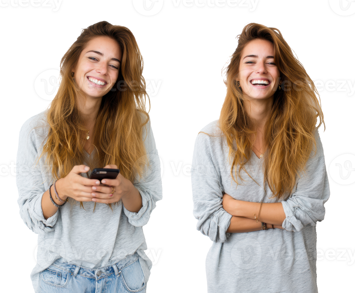 Joyful woman smiling and using smartphone for communication png
