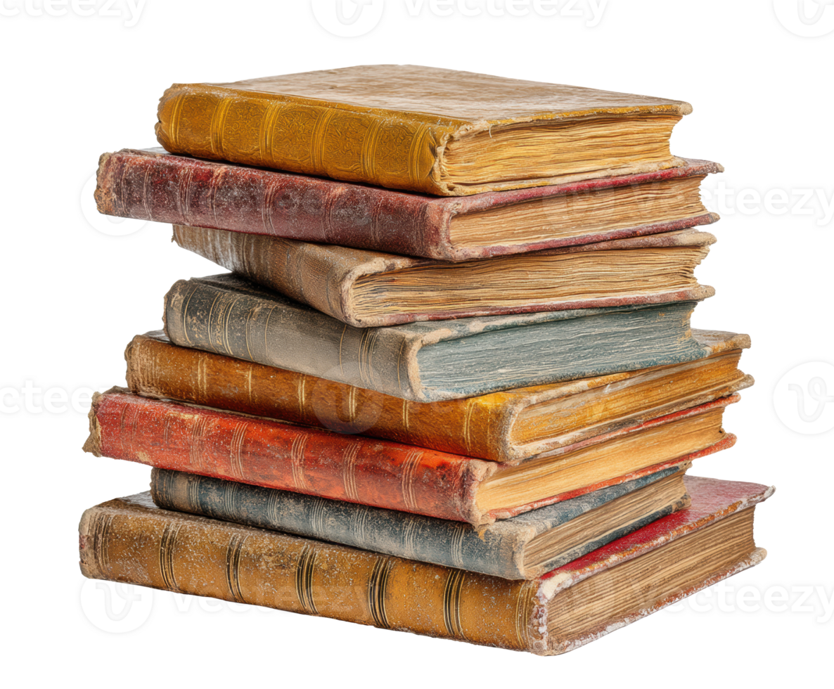 Antique books stacked on top of each other with worn covers png