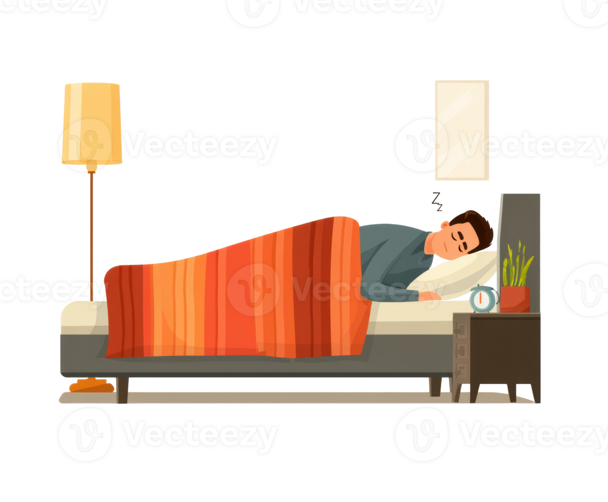 Sleeping man in cozy bedroom ready for a restful night png