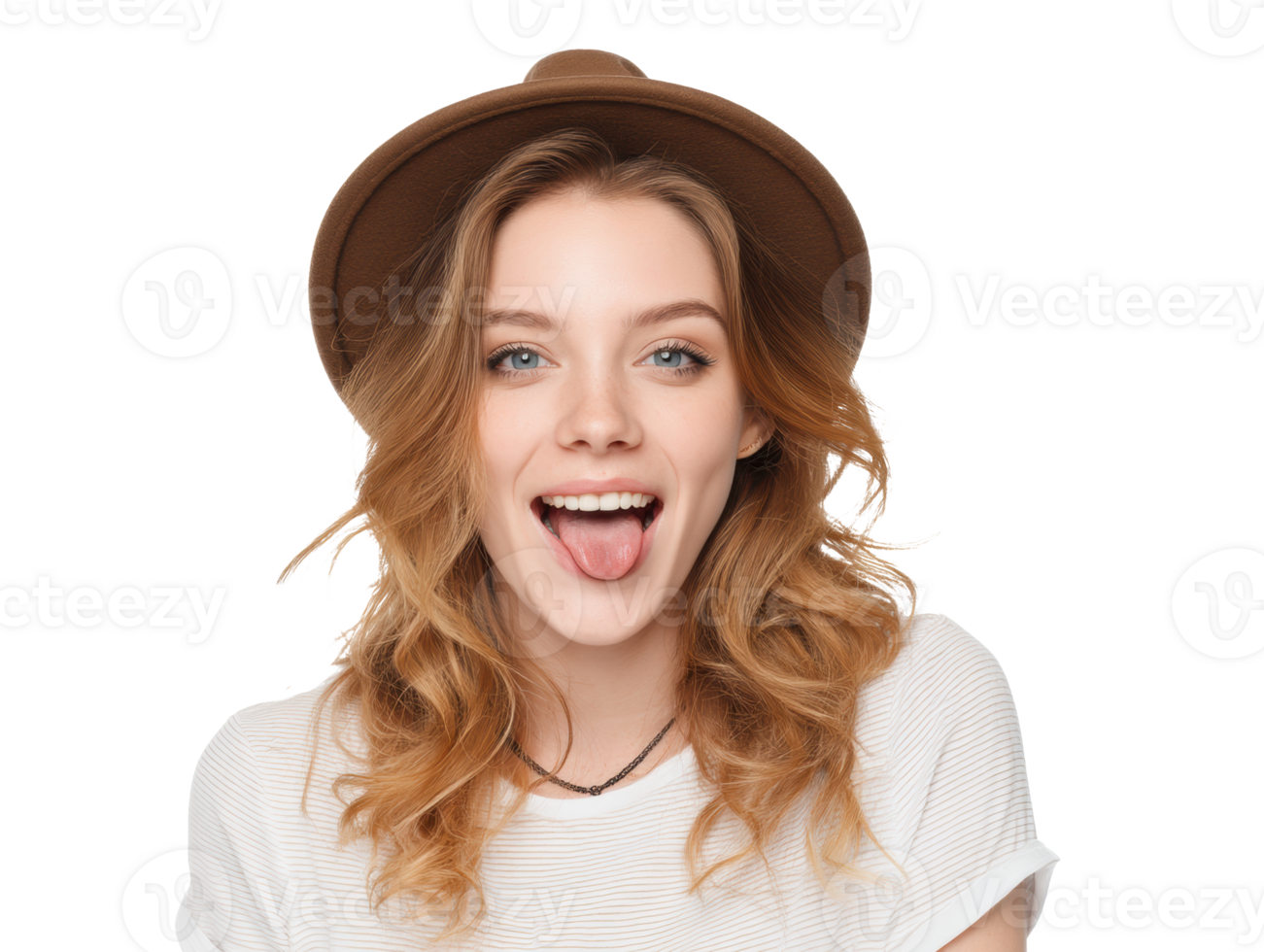 Playful young woman sticking out tongue with a hat png