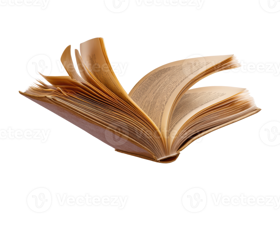 Open pages of an antique book with yellowed paper and worn cover png