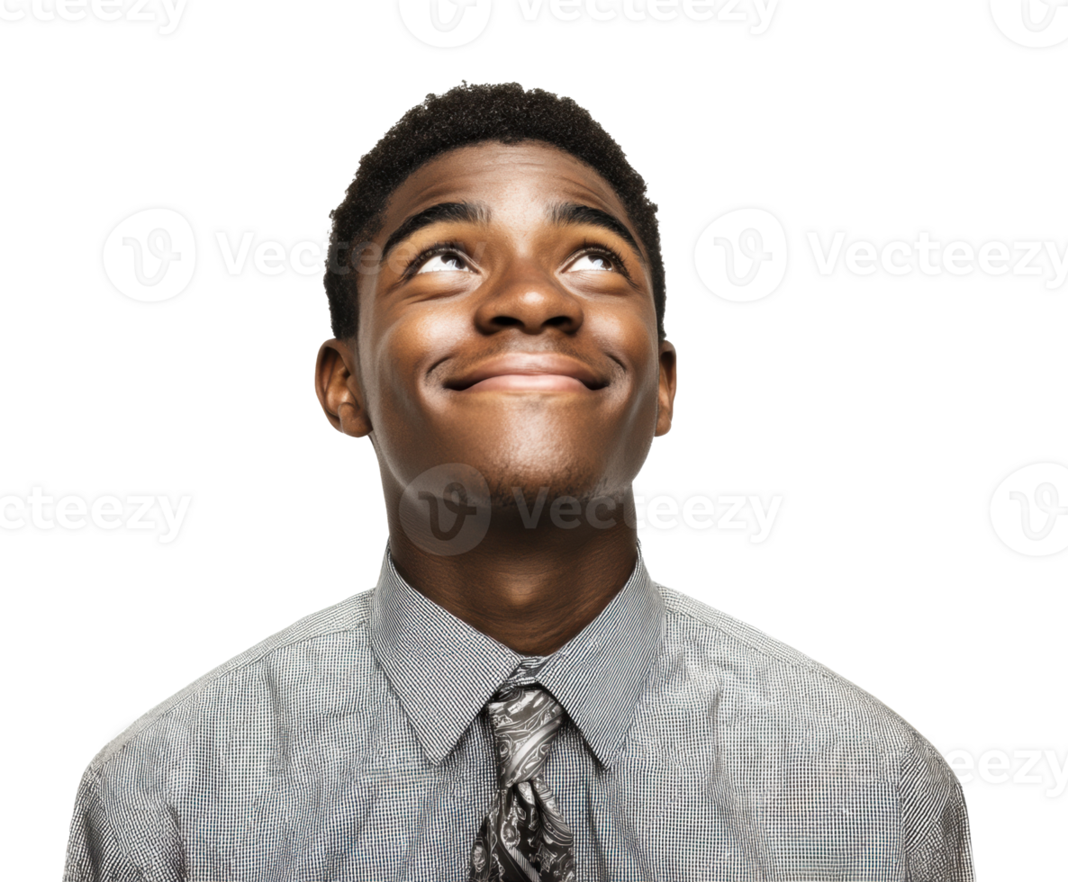 Positive young man smiles while looking up in formal attire png