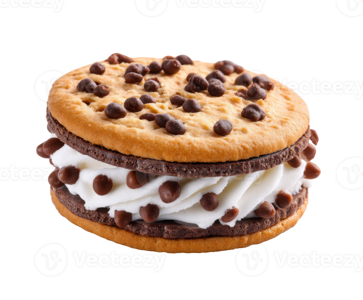 Delicious chocolate chip cookie sandwich with creamy filling png