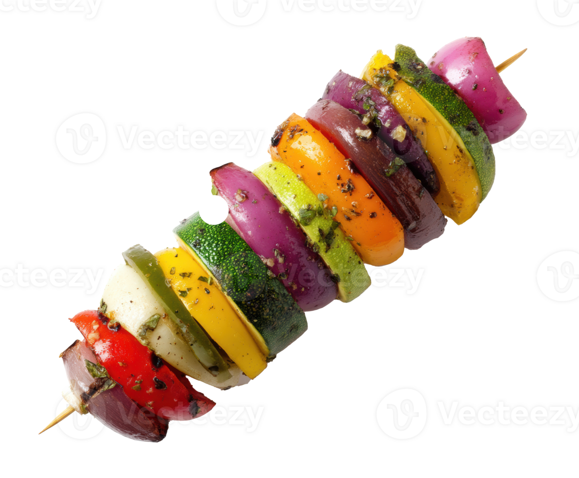 Colorful vegetable kebabs ready for grilling and summer cookouts png