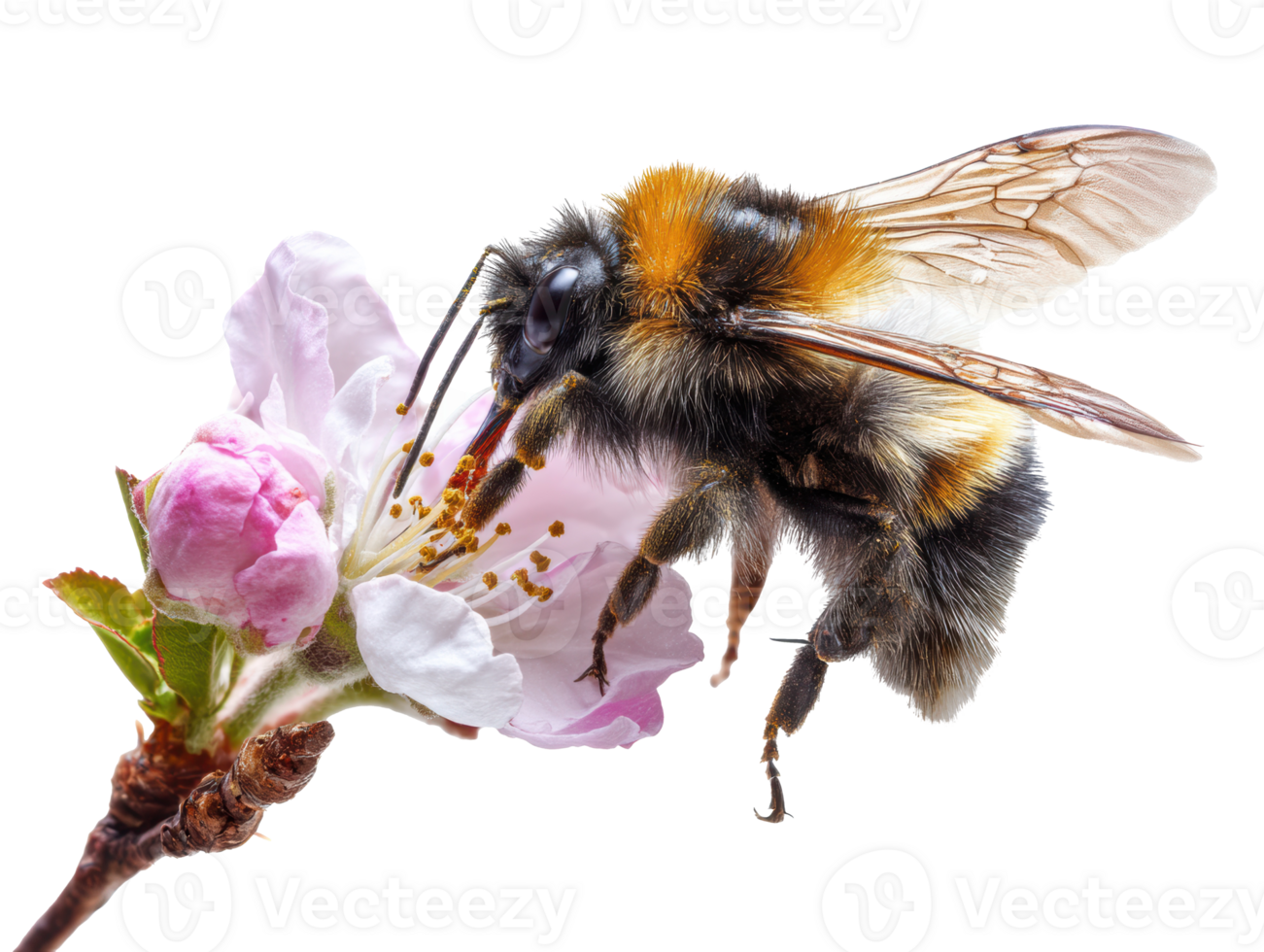 Bumblebee pollinating cherry blossom in spring sunlight png