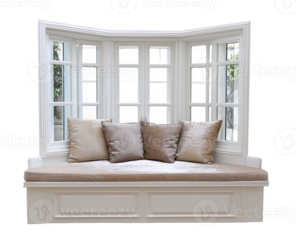 Cozy window seat with cushions for relaxing in natural light png