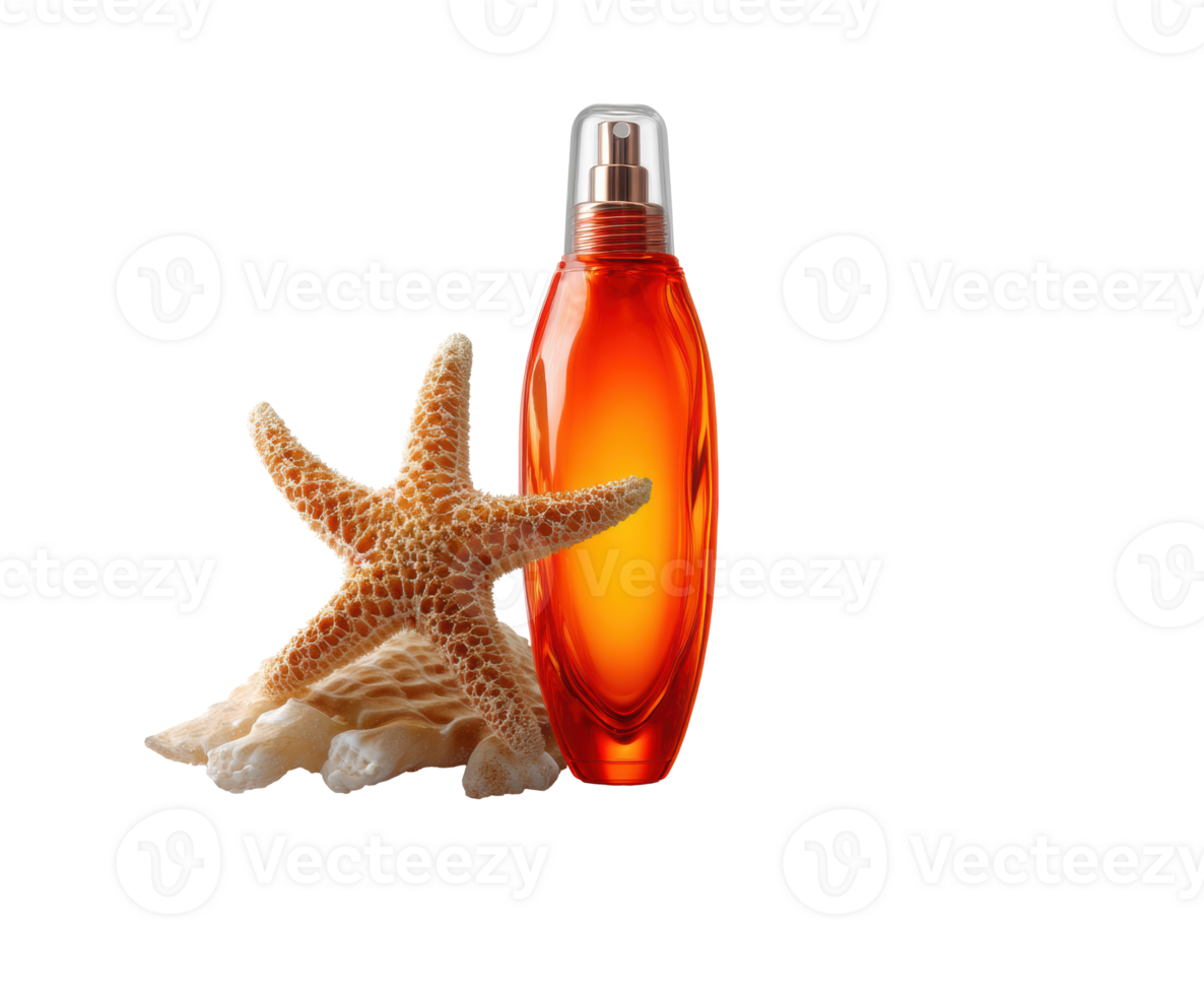 Orange fragrance bottle with starfish and shell decor png