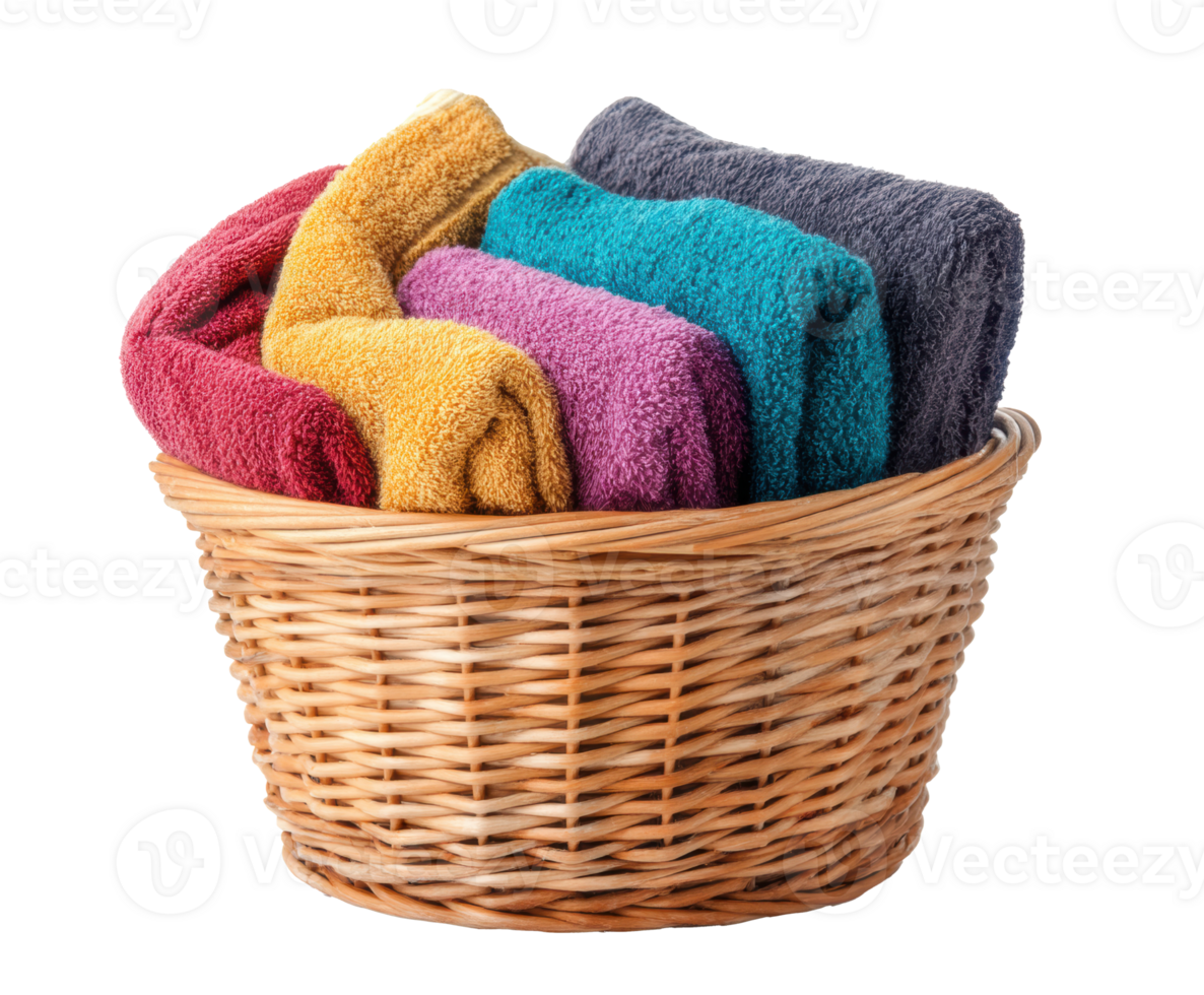 Soft towels in a woven basket for home organization png