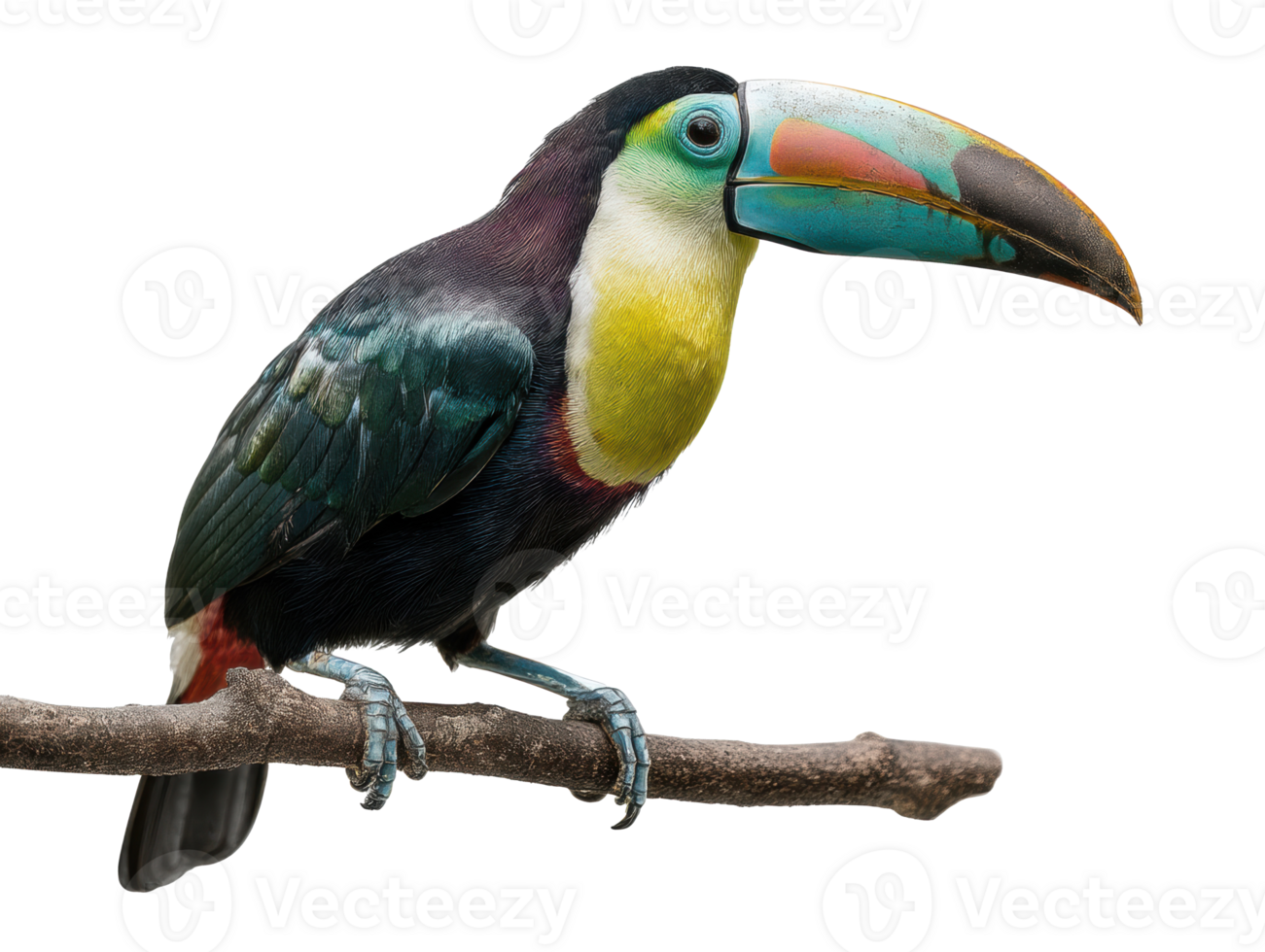 Colorful toucan perched on branch in lush environment png