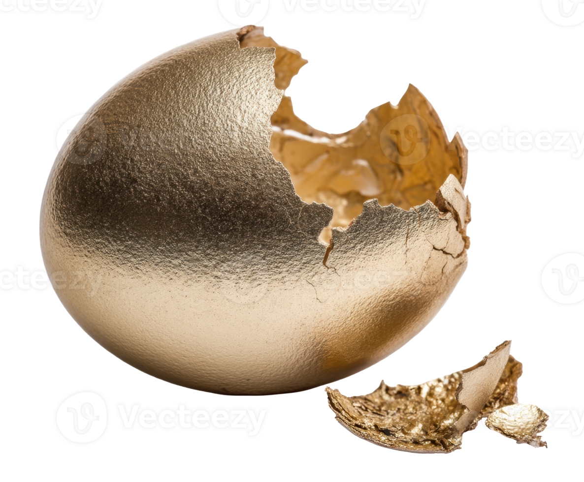 Golden eggshell cracked revealing treasure inside for celebration png