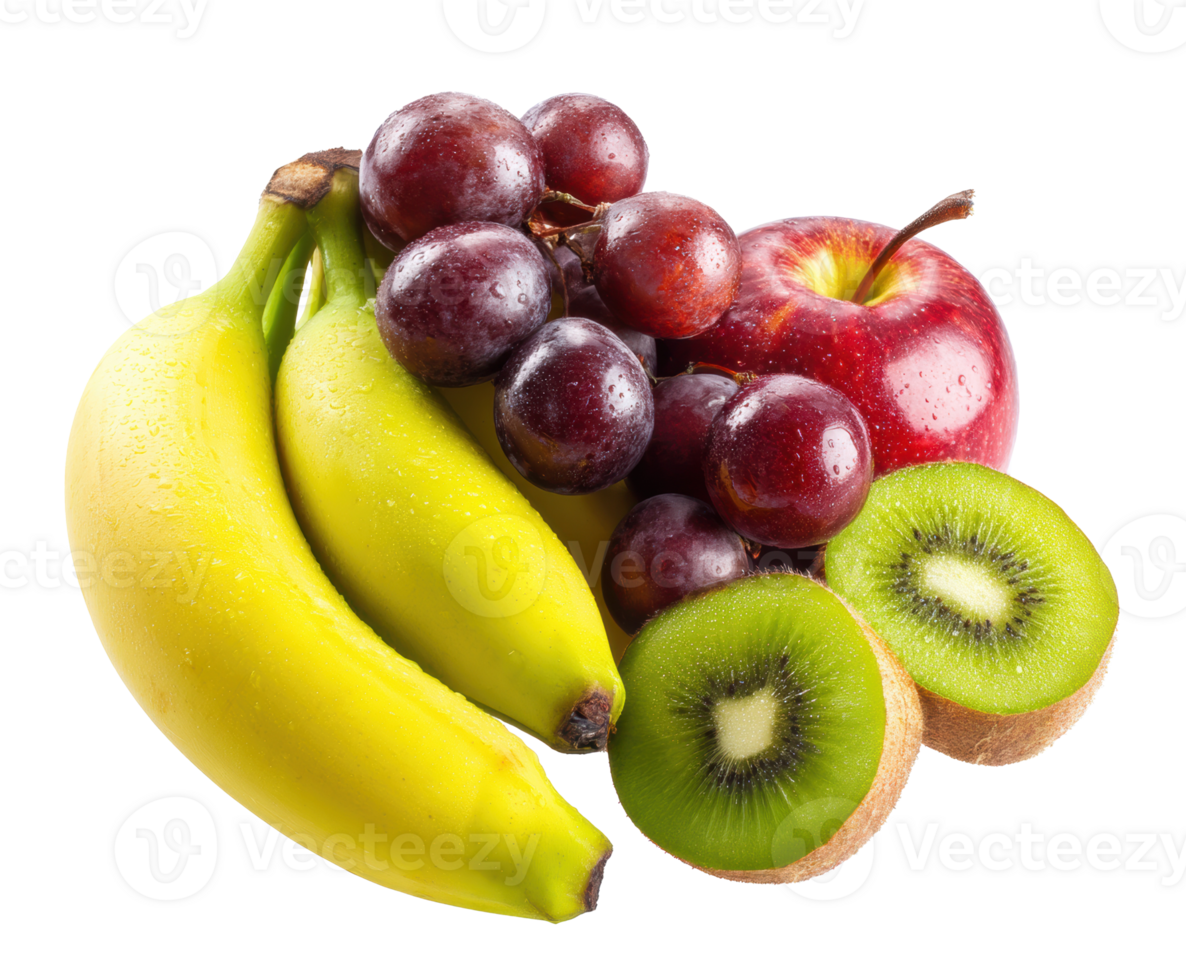 Fresh assorted fruits including bananas, grapes, kiwi, and apple png