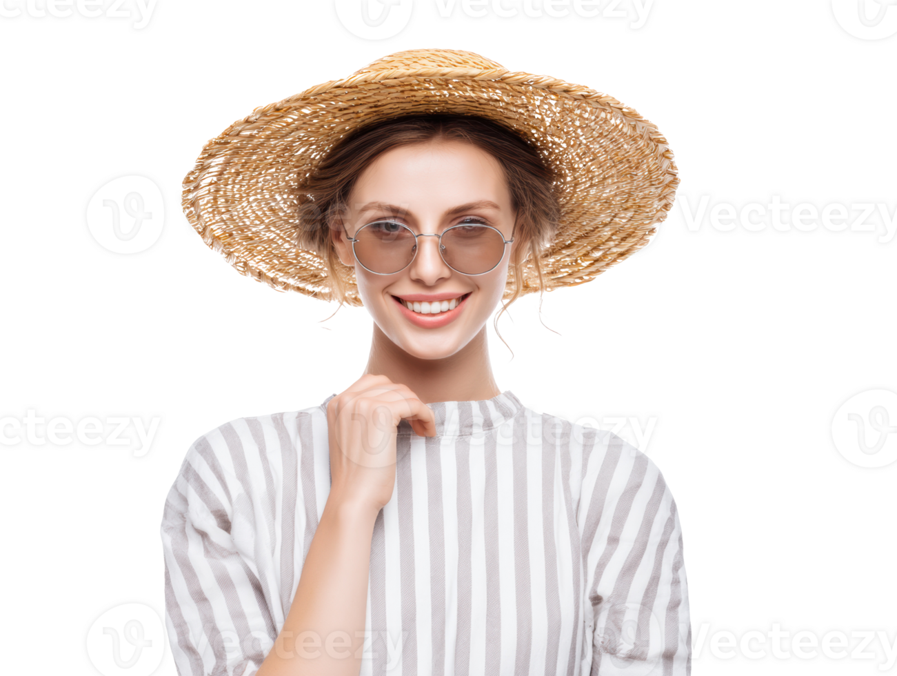 Smiling woman wearing sun hat and sunglasses in casual attire png