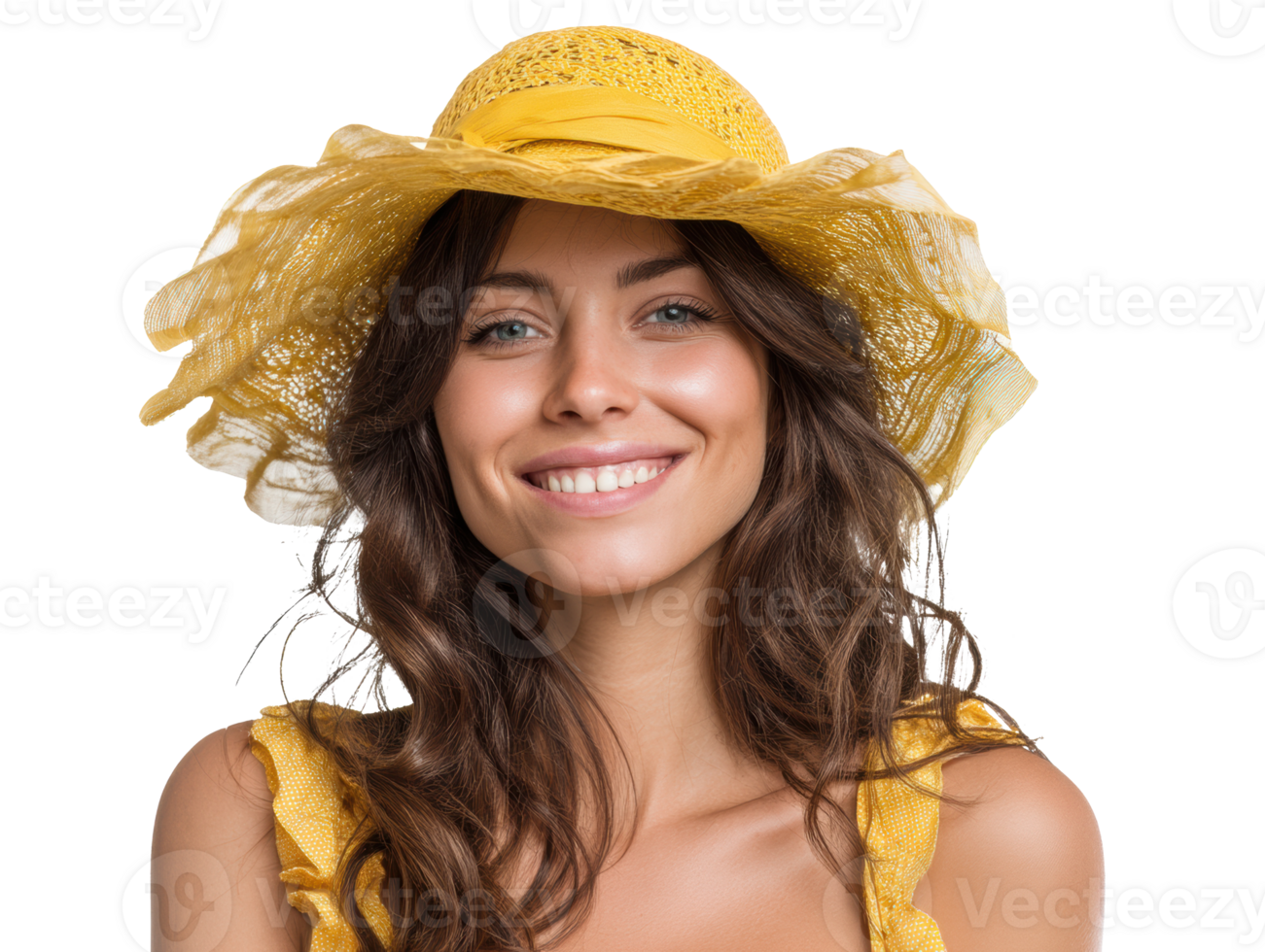 Bright summer fashion with a yellow hat and radiant smile png