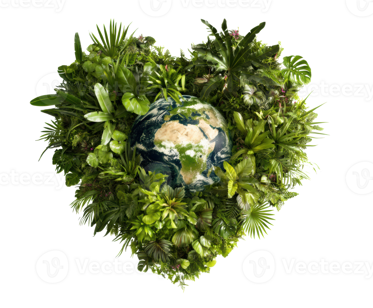 Embracing nature with a heart-shaped globe and greenery png