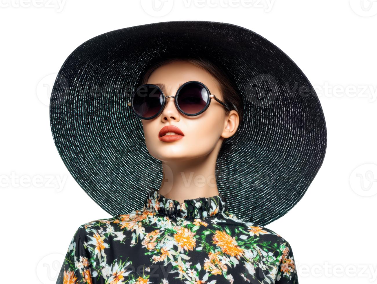 Fashionable woman wearing large sun hat and sunglasses in summer png