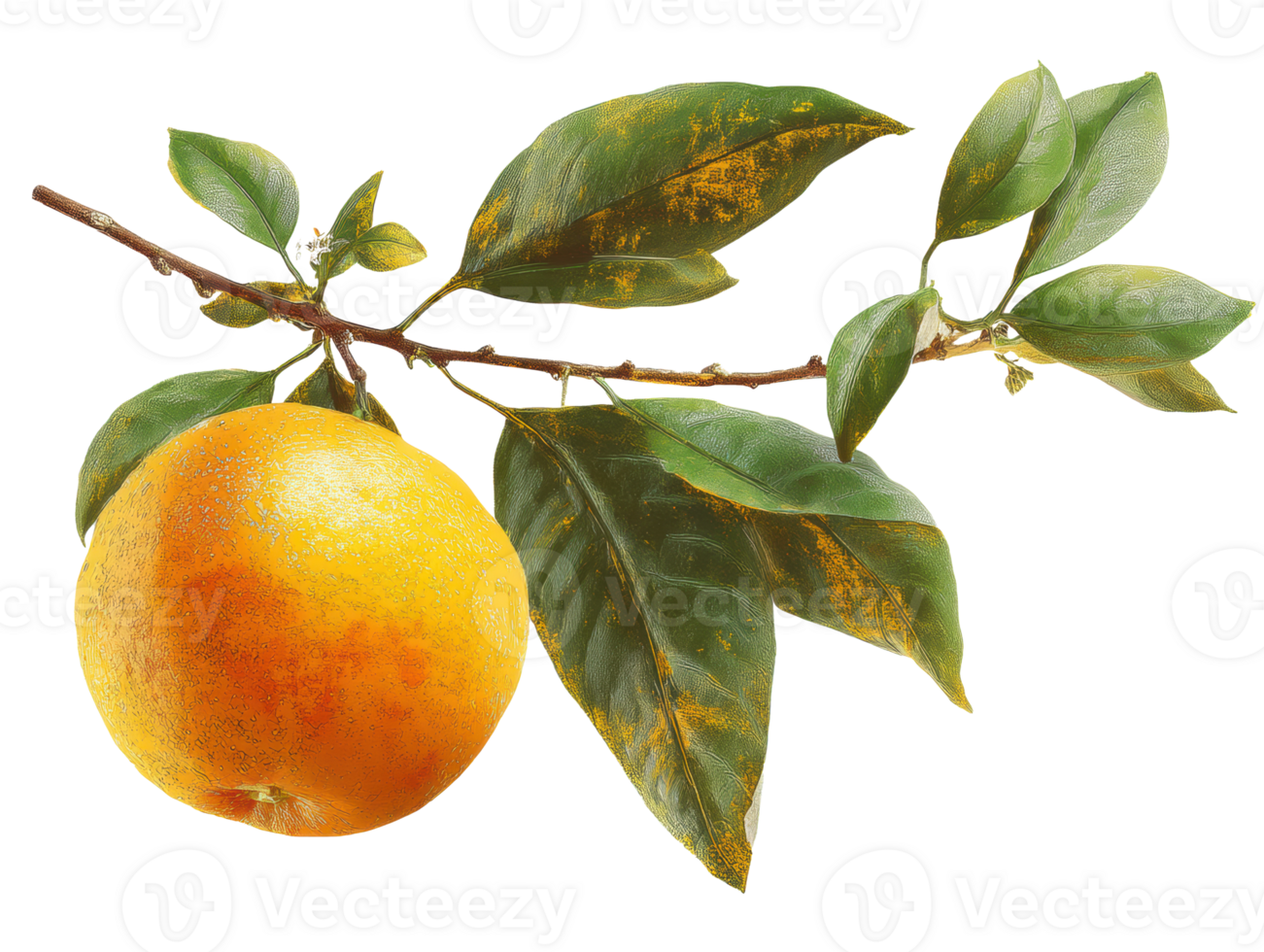 Fresh orange hanging from branch with green leaves in sunlight png