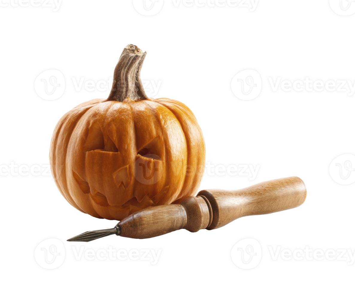Carved pumpkin with sculpting tool for Halloween decoration png