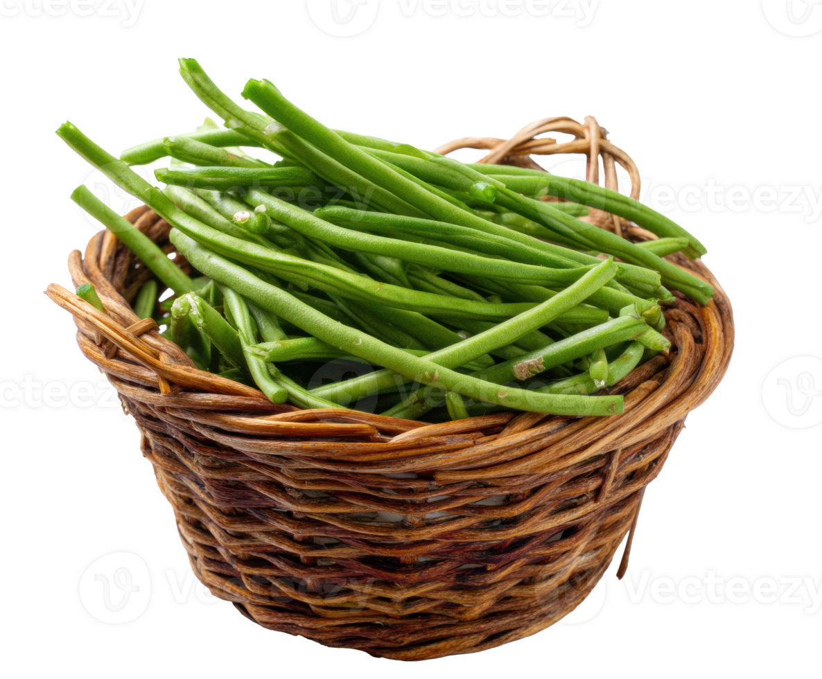 Fresh green beans in a woven basket for culinary use png