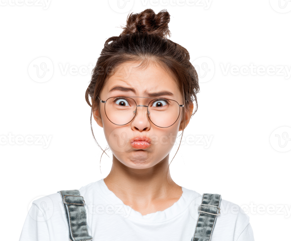 Expressive young woman makes funny face for playful photography png