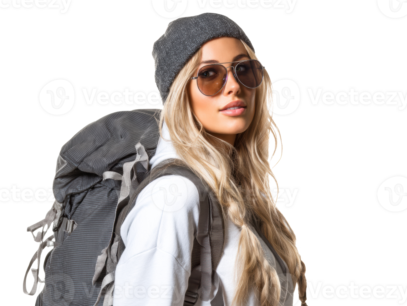 Adventurous young woman with backpack ready for travel png