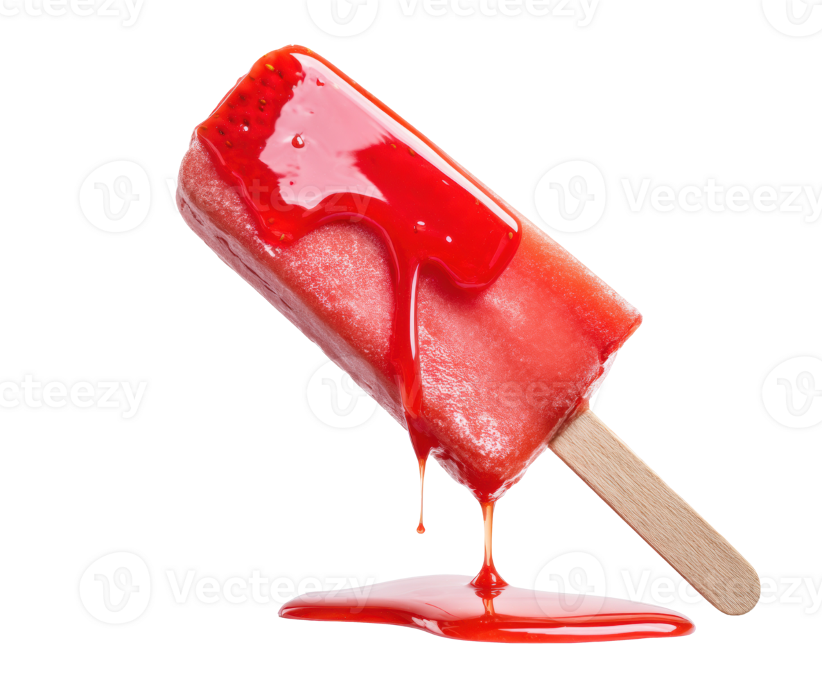 Delicious red fruit popsicle melting on a wooden stick png