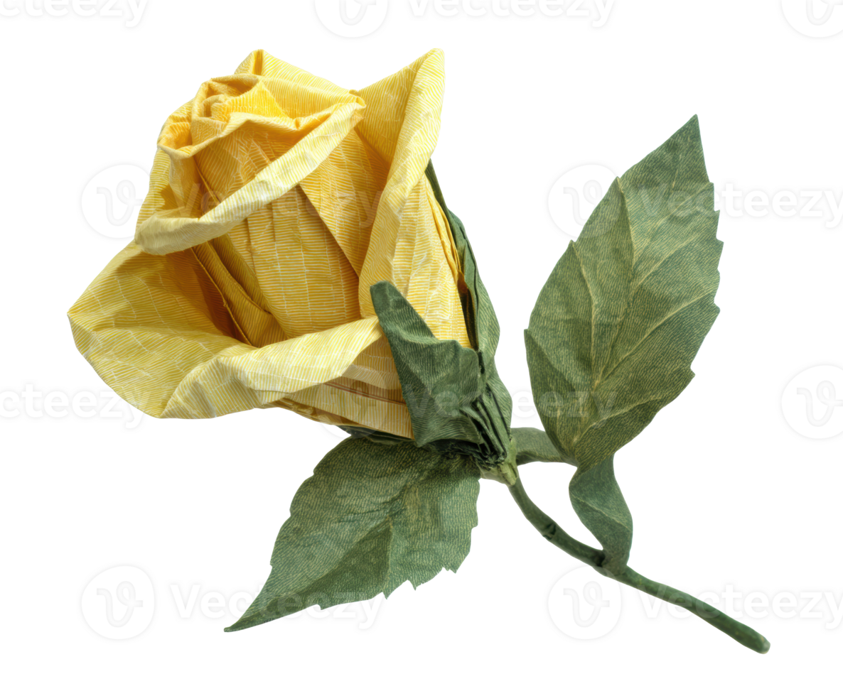Yellow paper rose with green leaves for decor png