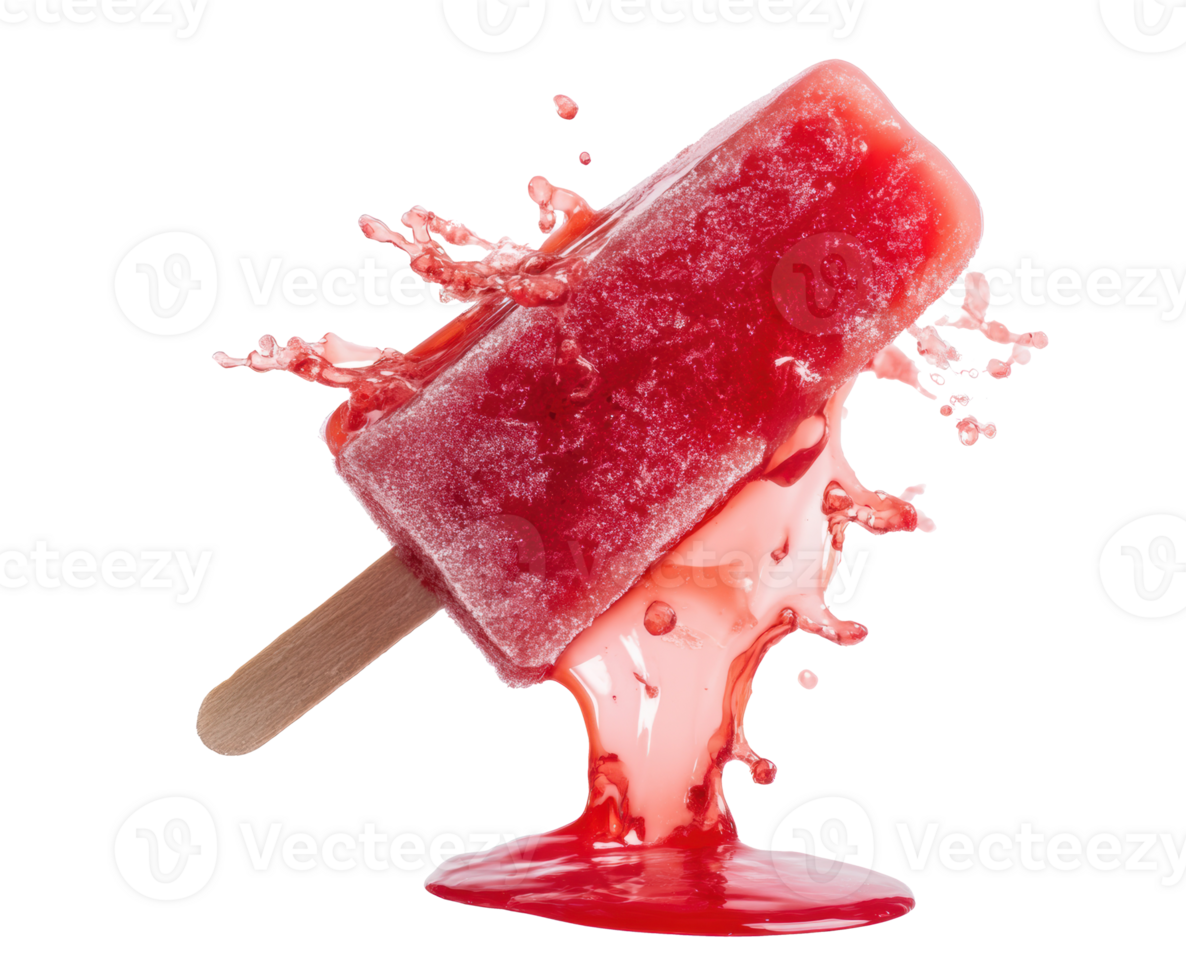 Bright red fruity popsicle melting on a hot summer day png