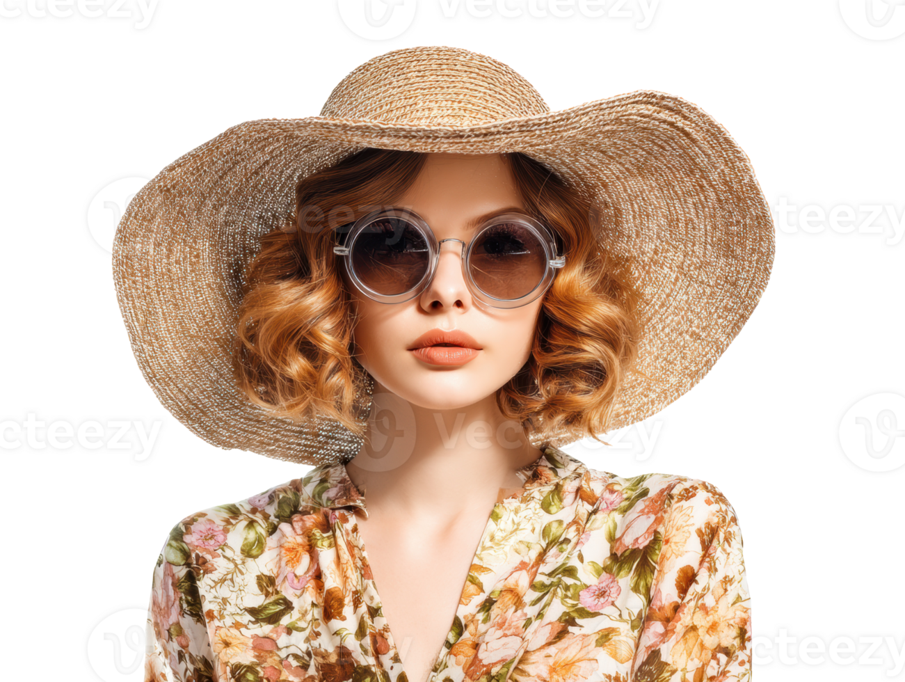Elegant summer fashion with hat and sunglasses for stylish women png